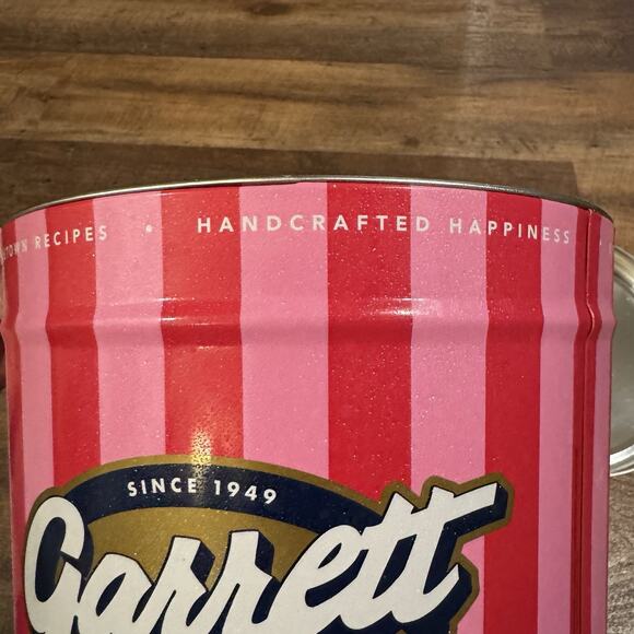 Garrett Popcorn Shops Tin Empty Pink Stripes 7" Tall 9" Diameter Chicago - Picture 8 of 13